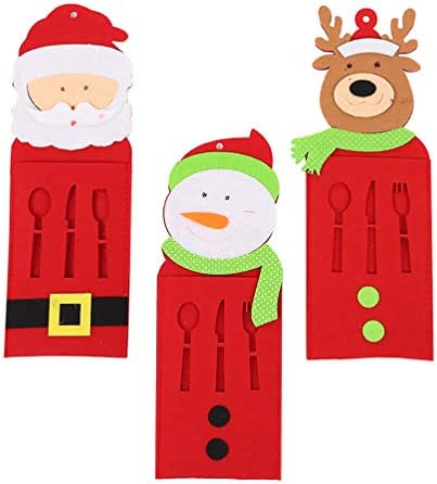 NUOBESTY 3 adet Noel Gümüş Sahipleri Bıçak ve Çatal Çanta Santa Kardan Adam Elk Noel Yemeği Masa Süslemeleri Noel Tatil Yeni