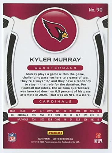 2021 Panini Sertifikalı 90 Kyler Murray Arizona Cardinals Resmi NFL Futbol Ticaret Kartı Ham (NM veya Daha İyi) Durumda