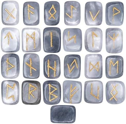 Crocon Dumanlı Kuvars Dikdörtgen Şekli Taş Runes ile Yaşlı Futhark Alfabe Kazınmış 25 adet Rune Set / Kristal Kehanet Metafizik