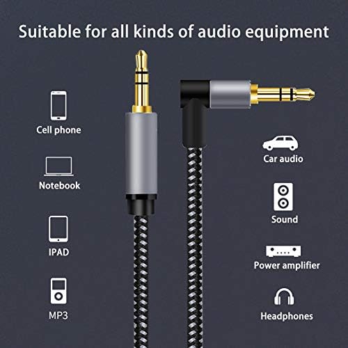 3.5 mm Aux Kabloları, 90°Açılı Aux Kablosu [Hi-Fi Ses, Naylon Örgülü] Erkek-Erkek Stereo Ses Kabloları iPhone, iPad, Akıllı Telefonlar,