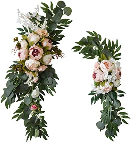 Okngr Yapay Şakayık Çiçek Swag Düğün Kemer Çiçekler Sahte Çiçek Swag Dekoratif Swag ile Sahte Gül Şakayık ve Yeşil Yapraklar