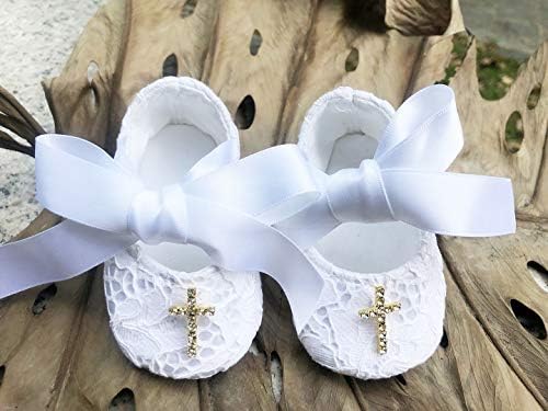 Yay Rüya Bebek Kız Vaftiz Vaftiz Ayakkabı Beyaz Dantel Reinstones Çiçekler