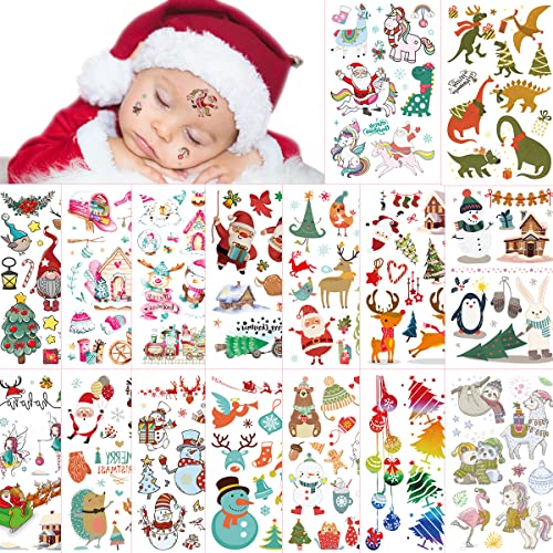 160 + Küçük Noel dövmeler geçici dekorasyon için Çocuk Erkek kız parti ıyilik, 16 Yaprak Goodie çanta Stuffers malzemeleri, Merry