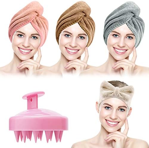 3 Paket Saç Havlu Wrap ile Saç Şampuan Fırça ve Kafa Bandı, Suntee Mikrofiber Süper Emici Saç Kurutma Türban Havlu, hızlı Kuruyan