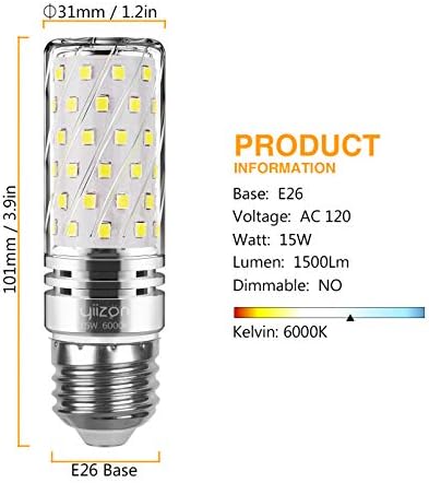Yiizon E26 LED Mısır Ampulleri, 15W LED Şamdan Ampulleri 120 Watt Eşdeğeri, 1500lm, Günışığı Beyaz 6000K LED Avize Ampulleri,
