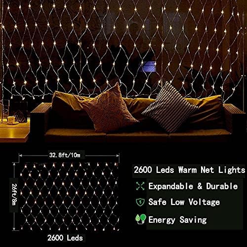 - 2600LED Net dize ışıkları Güneş Enerjili Açık ışık, 8 Modları Tel Net ışıkları, 32,8 x 26ft örgü ışık, Açık Çim Yard Fencen