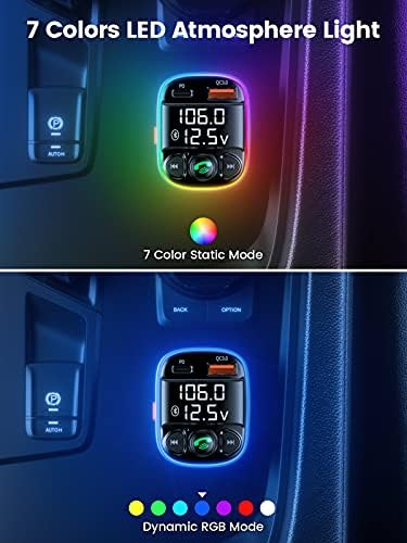 Handsfree Çağrı Bluetooth Adaptörü için Araba, FM Verici ile QC3. 0 + PD Port Şarj, 7 Renk LED atmosfer ışığı Mp3 Ses Müzik Stereo