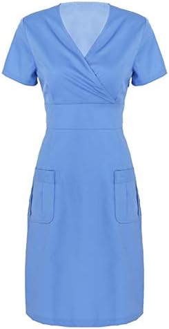 TİMİFİS Tunik Elbise Kadınlar için Kısa Kollu V Boyun Gömlek Elbise Rahat Gevşek Çalışma Üniforma Hemşirelik Elbise ile Cepler
