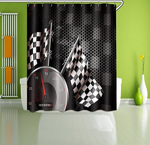 LB Polyester Banyo Perdesi Duş Perdesi 72x72 ınç Güzel Banyo Dekor F1 Araba Yarışı Beyaz Siyah
