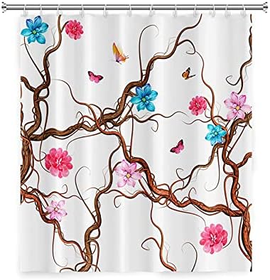 Çiçek Duş Perdesi, Suluboya Çiçeklenme Renkli Çiçekler üzerinde Ahşap Ağaç Asma Şube Kelebekler ile Perde Bahar Scenic Perde