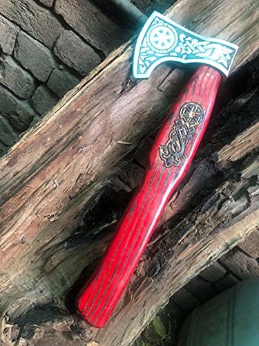 MDM-Balta Özel El Yapımı Viking Balta Kırmızı Renkte Bıçak + Ahşap Sap Üzerine Kazınmış