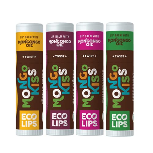 Eco Lips Mongo Kiss Organik Dudak Balsamı 4 Paket Nane, Nar, Vanilya Balı, Siyah Kiraz-Yüzde 100 USDA Organik-Kuru, Çatlamış